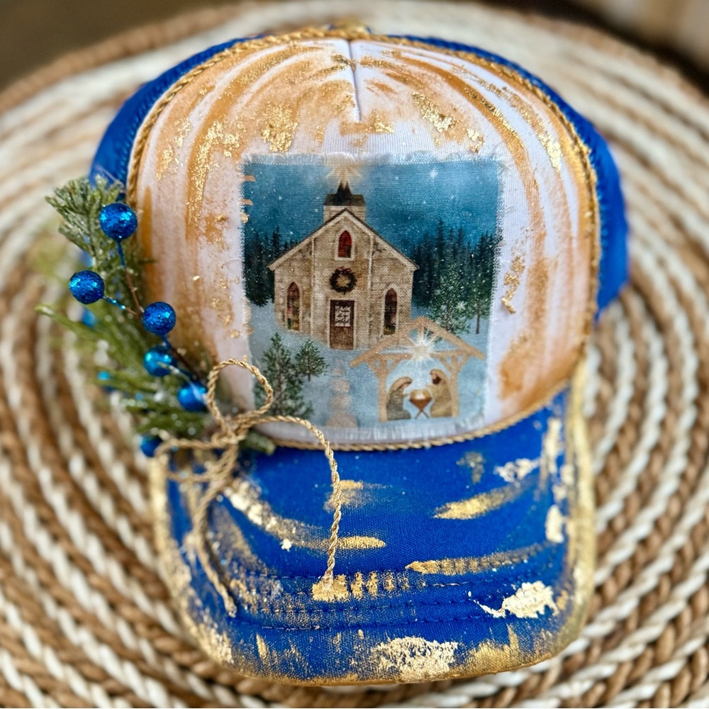 Blue and Gold Trucker Hat with Church Design